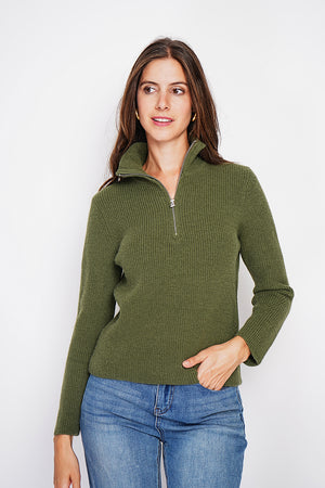 Ribbed zipped high neck sweater with long sleeves