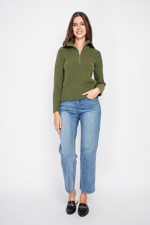 Ribbed zipped high neck sweater with long sleeves