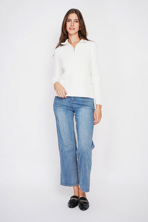 Ribbed zipped high neck sweater with long sleeves