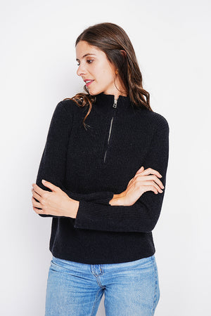 Ribbed zipped high neck sweater with long sleeves