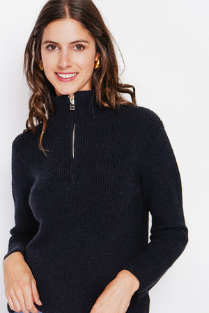 Ribbed zipped high neck sweater with long sleeves