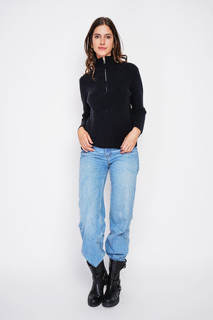 Ribbed zipped high neck sweater with long sleeves