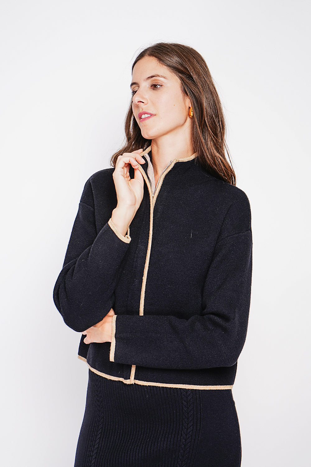 Gilet court zippé bicolore, manches longues – Noir – William de Faye