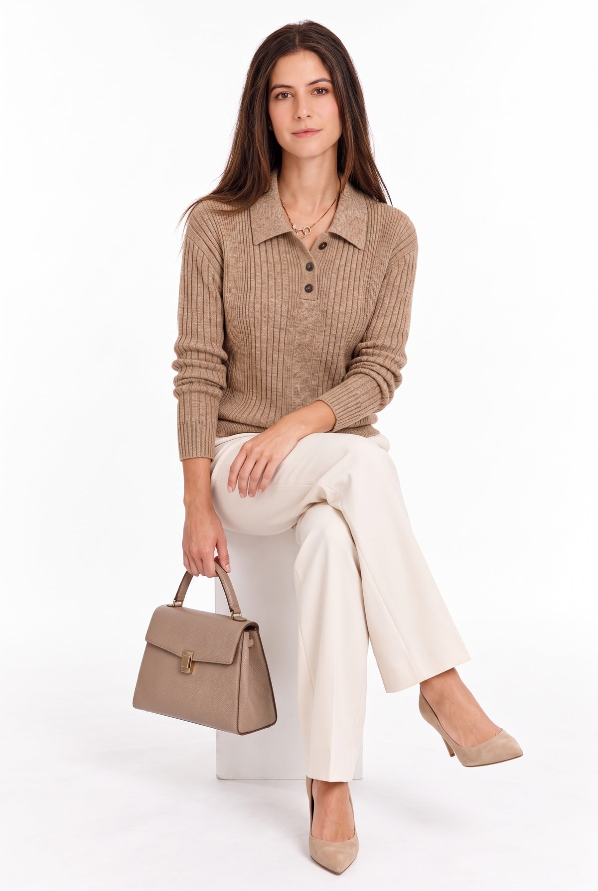 Pull col polo boutonné fantaisie – Camel – William de Faye