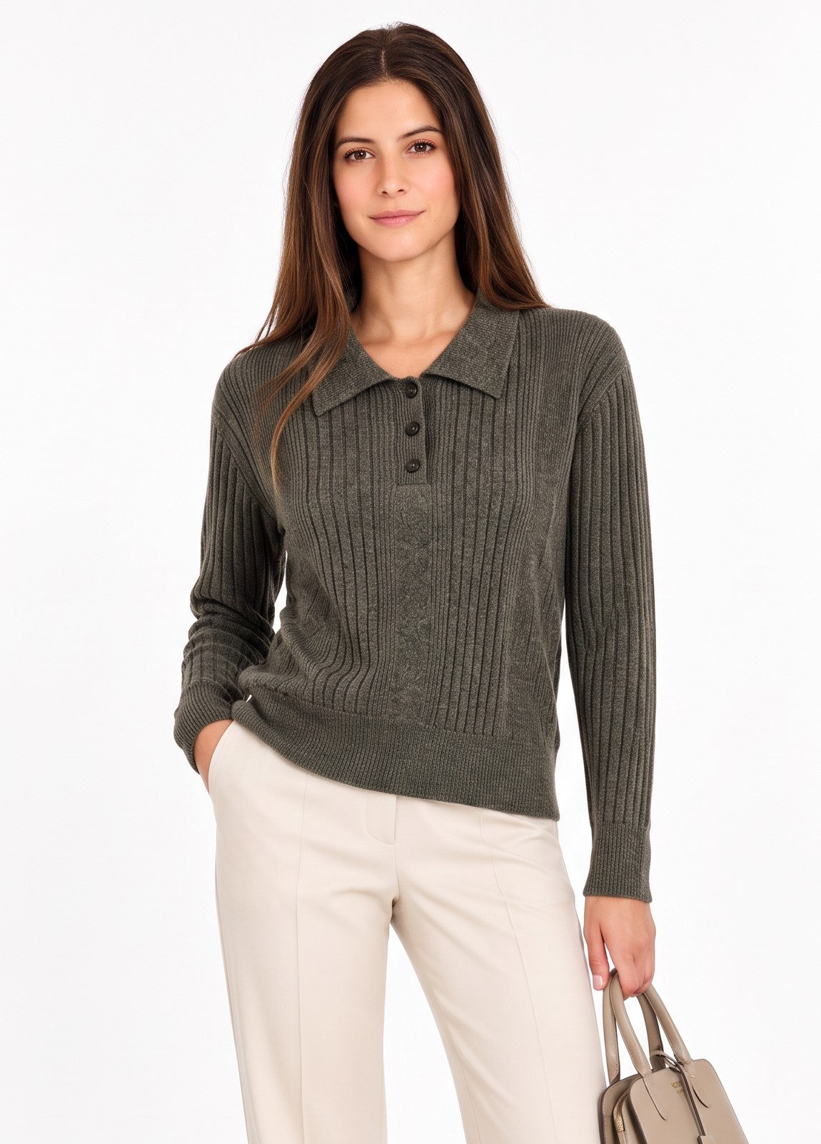 Pull col polo boutonné fantaisie – Kaki – William de Faye
