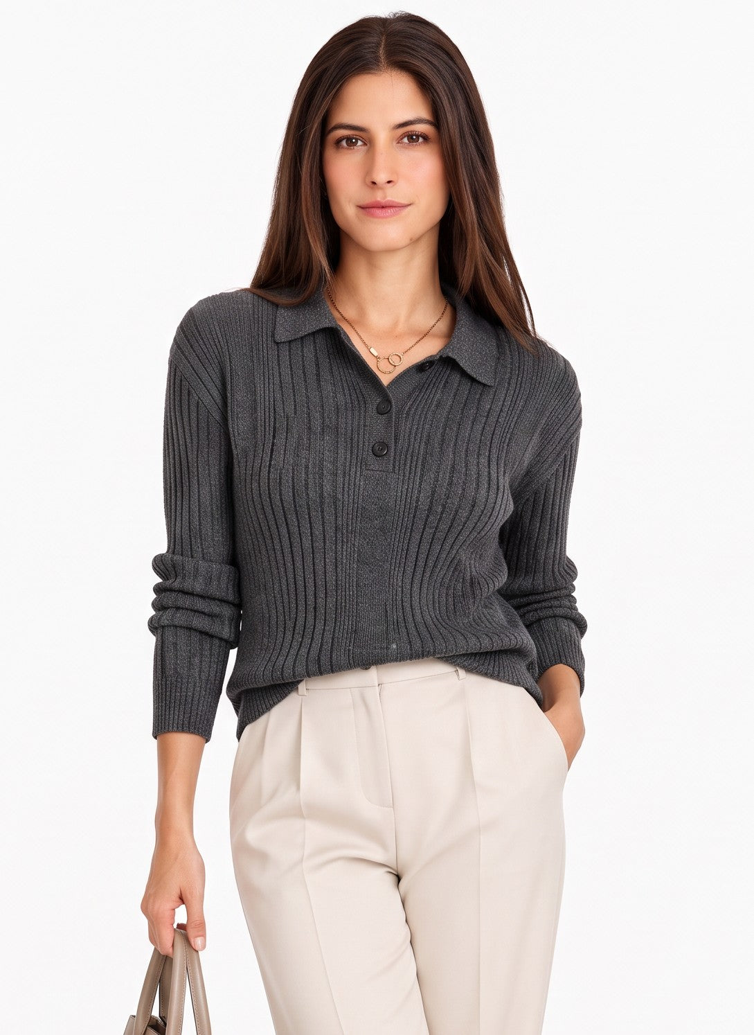 Pull col polo boutonné fantaisie – Gris foncé – William de Faye
