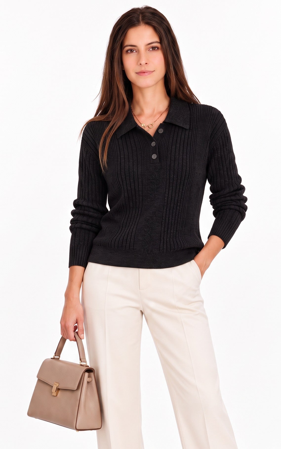 Pull col polo boutonné fantaisie – Noir – William de Faye