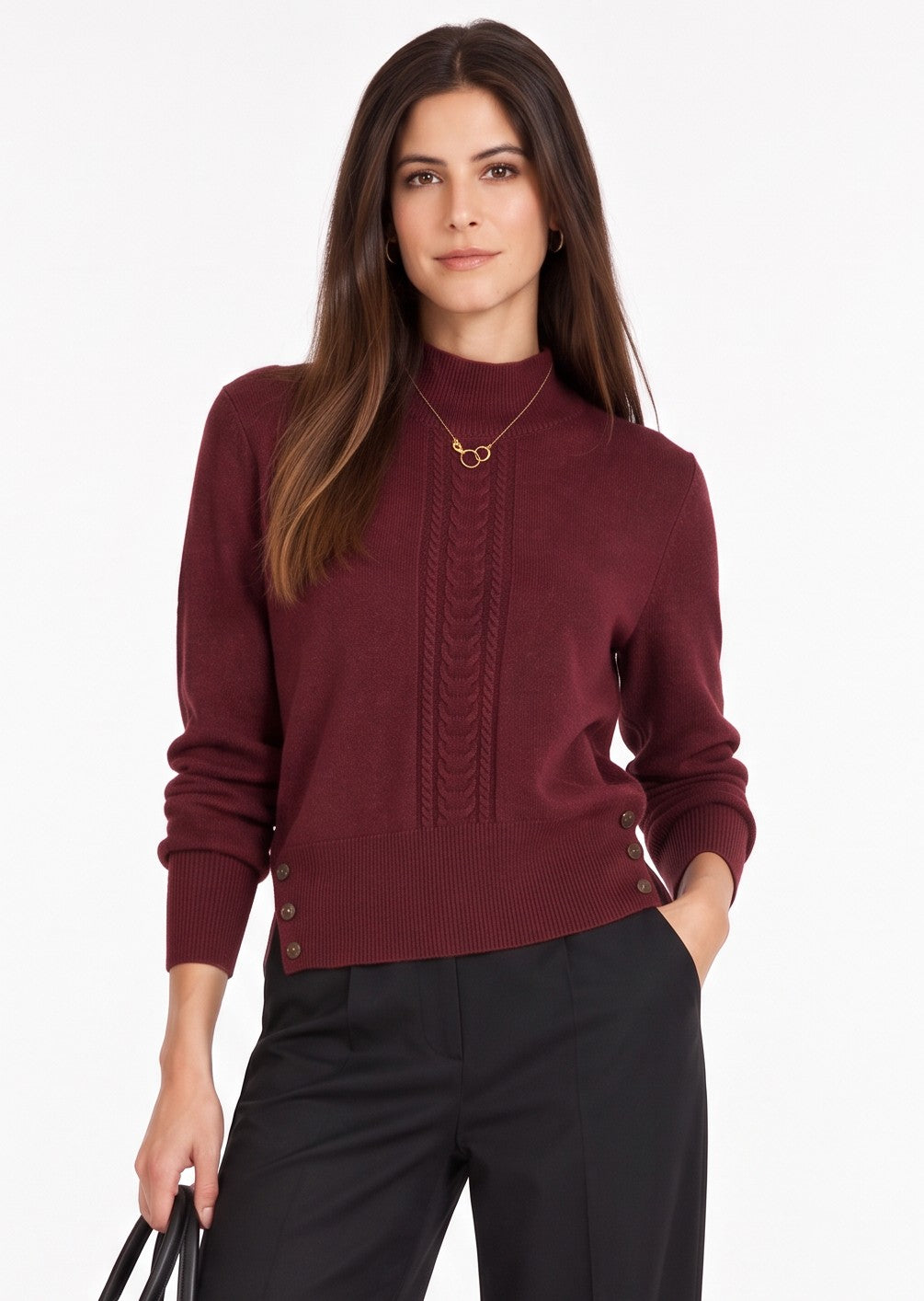 Pull torsadé col montant boutonné – Bordeaux – William de Faye