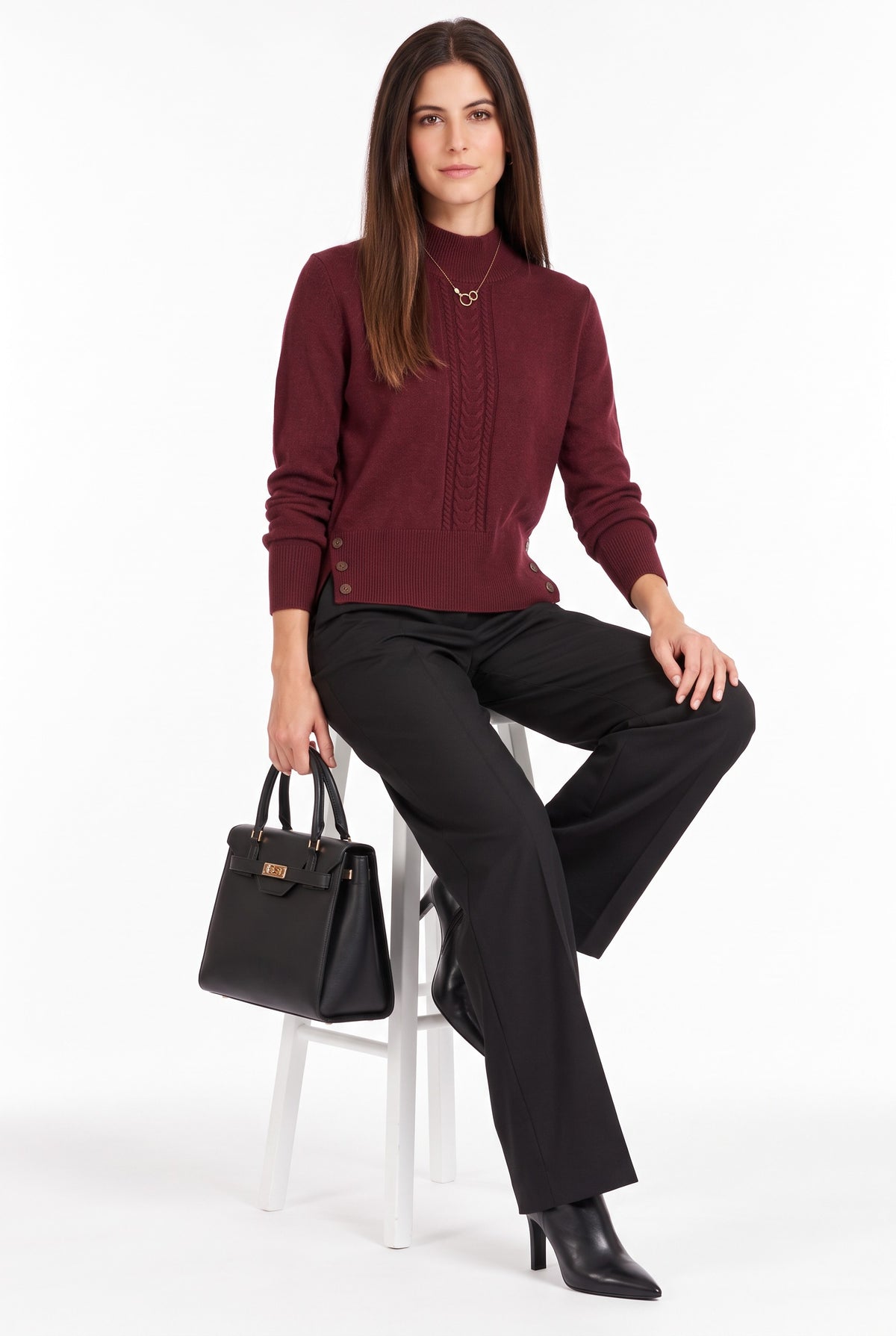 Pull torsadé col montant boutonné – Bordeaux – William de Faye