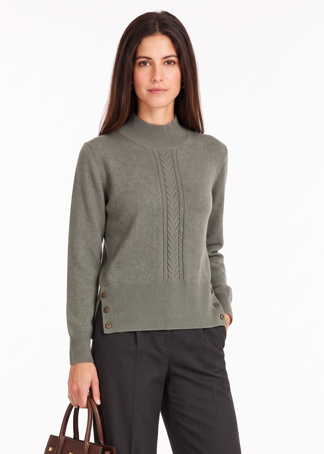 Pull torsadé col montant boutonné – Kaki – William de Faye