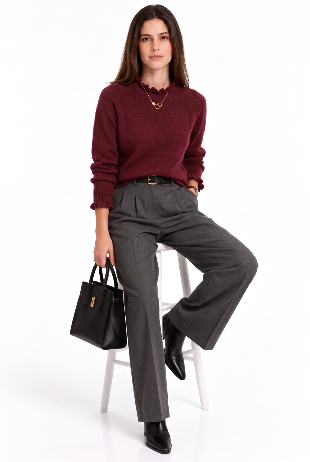 High-neck sweater with ruffles and buttoned sleeves – Wine red – William de Faye