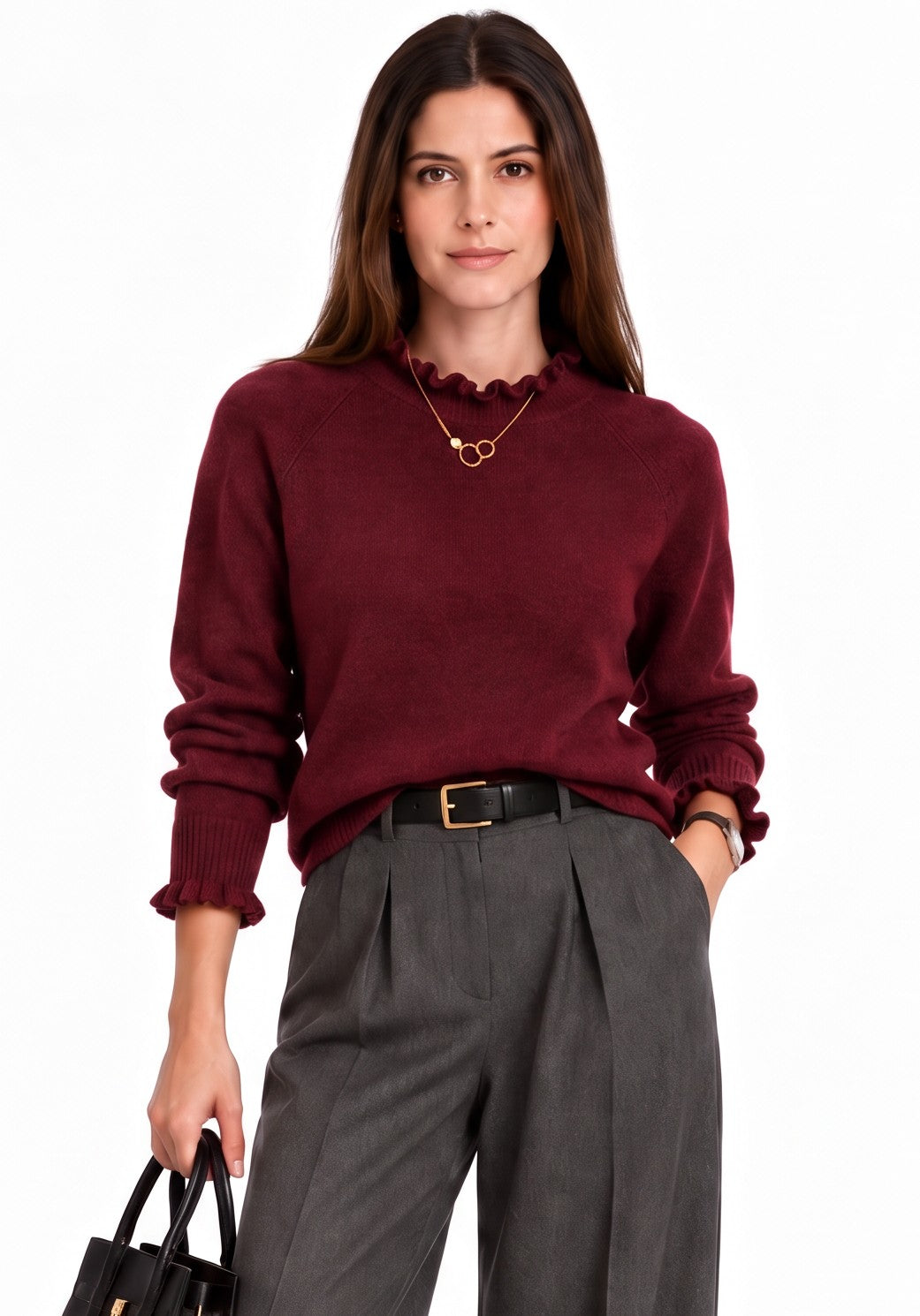 Pull col montant à volants – Bordeaux – William de Faye