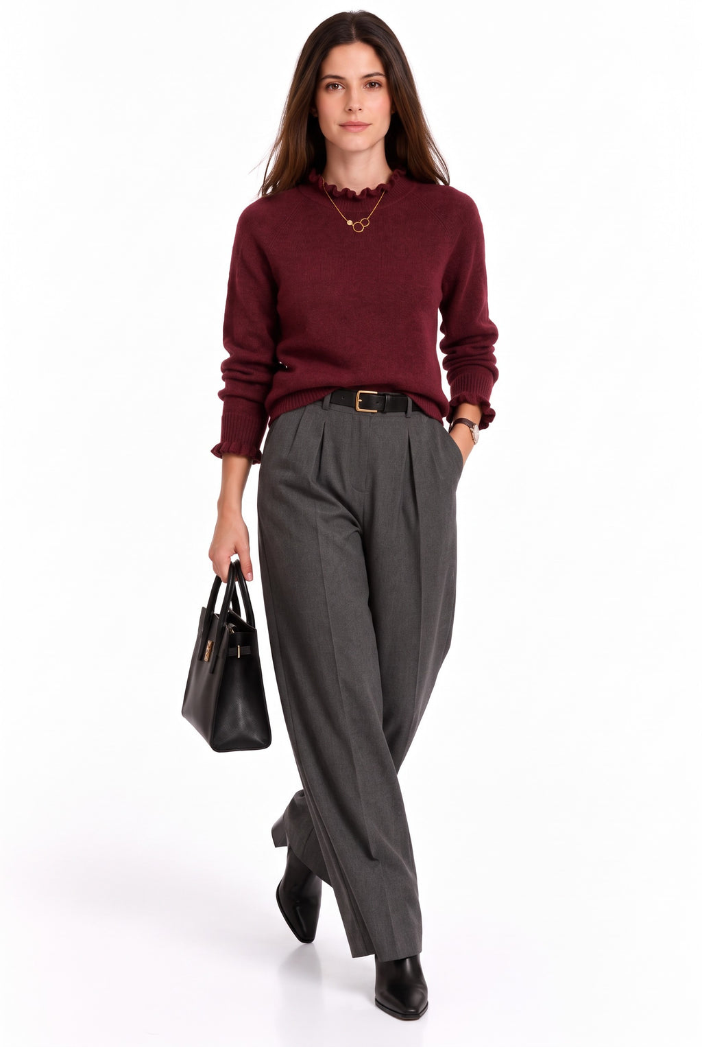 High-neck sweater with ruffles and buttoned sleeves – Wine red – William de Faye