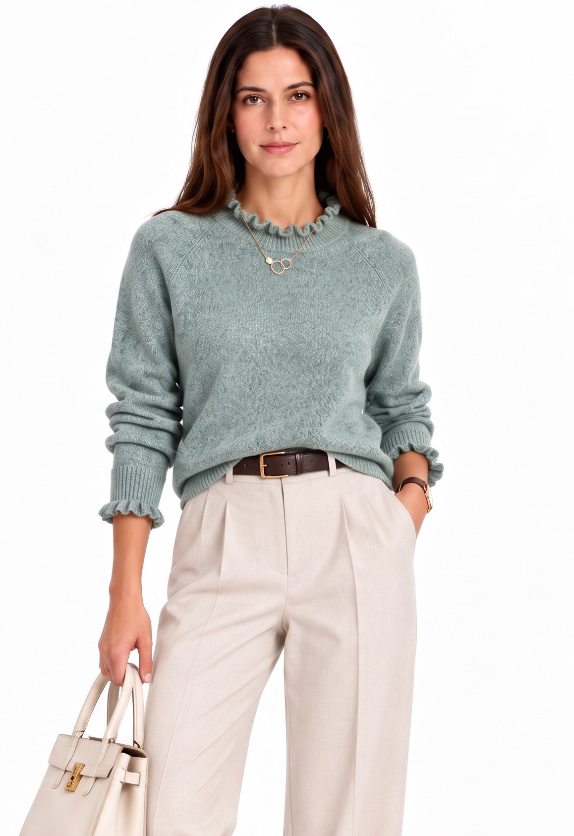 Pull col montant à volants – Vert jade – William de Faye