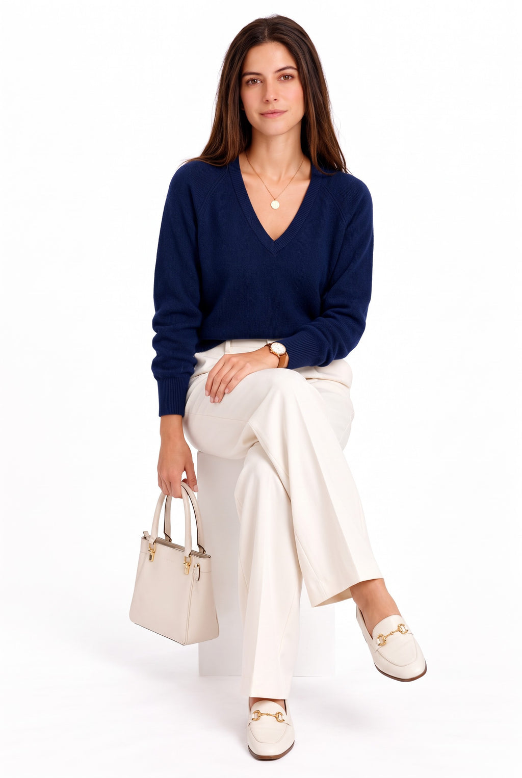 V-neck sweater, long raglan sleeves, balloon cut – Night blue – William de Faye