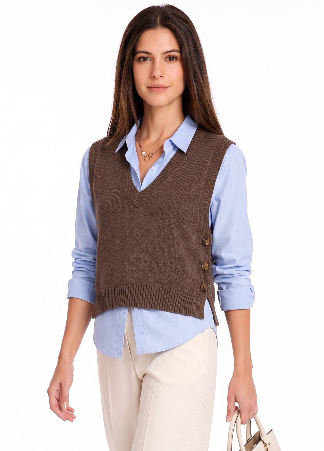 Pull sans manches col V boutonné – Café – William de Faye