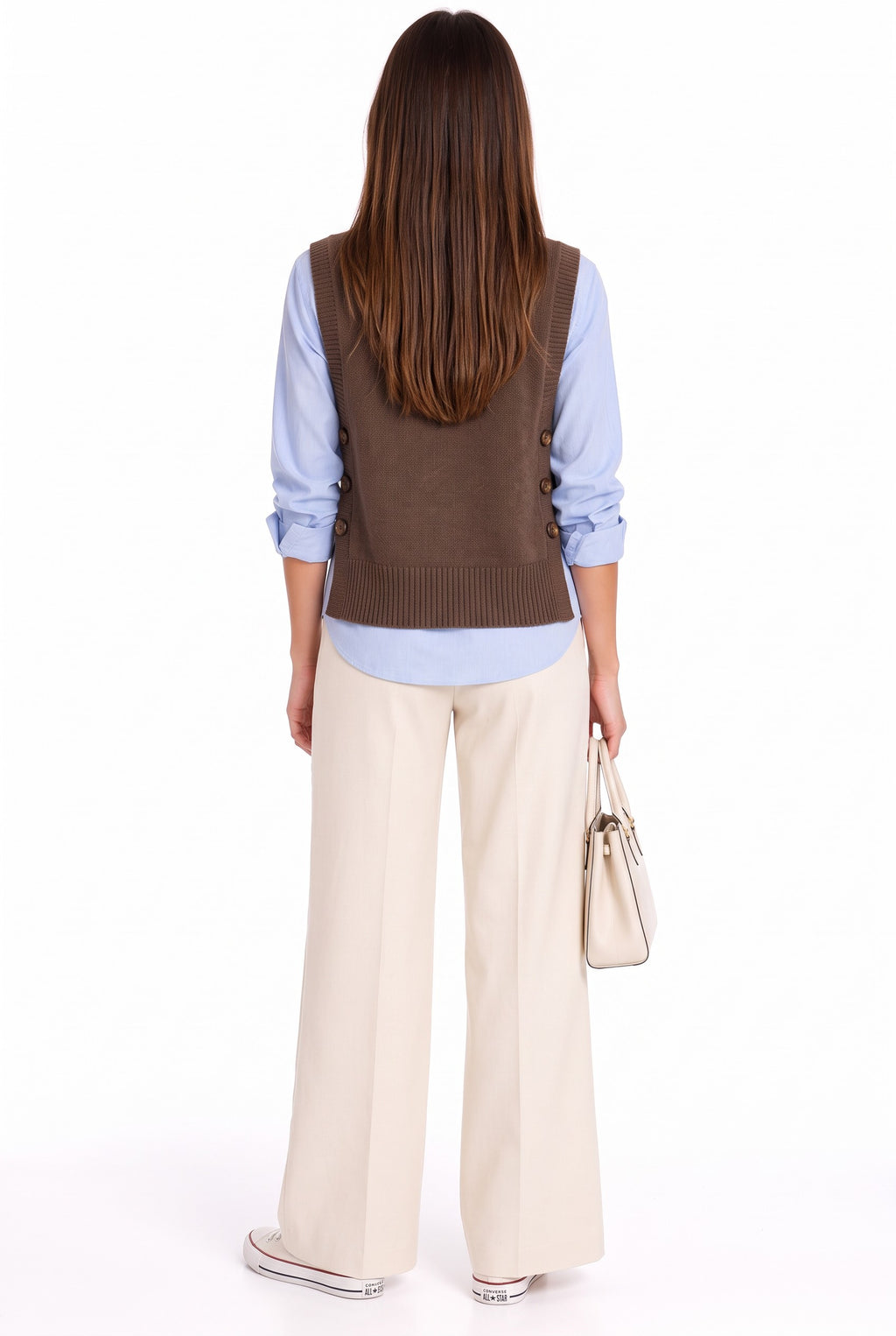 V-neck sweater, buttoned at the sides, sleeveless – Coffee – William de Faye