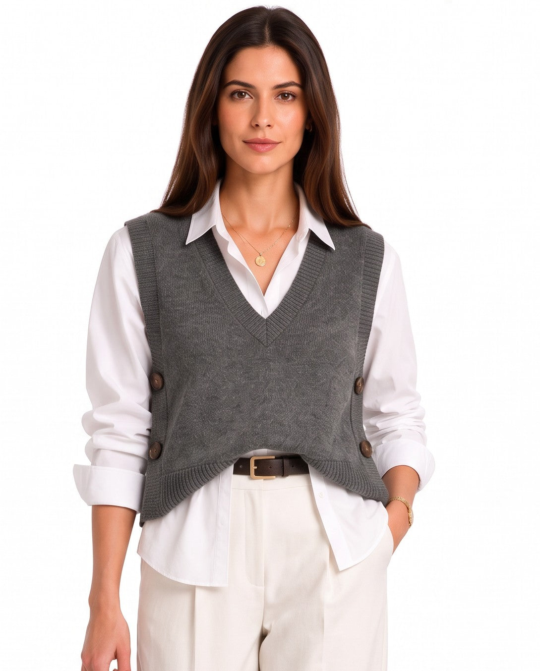 Pull sans manches col V boutonné – Gris foncé – William de Faye