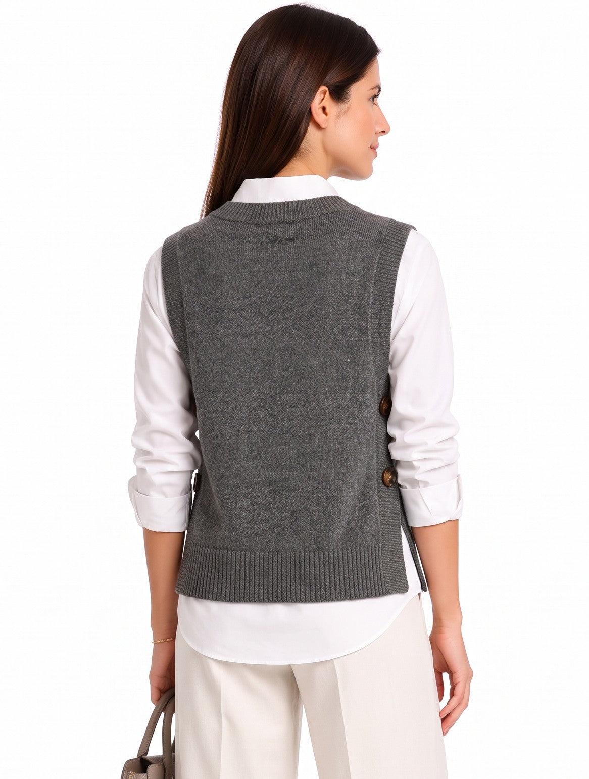 Pull sans manches col V boutonné – Gris foncé – William de Faye