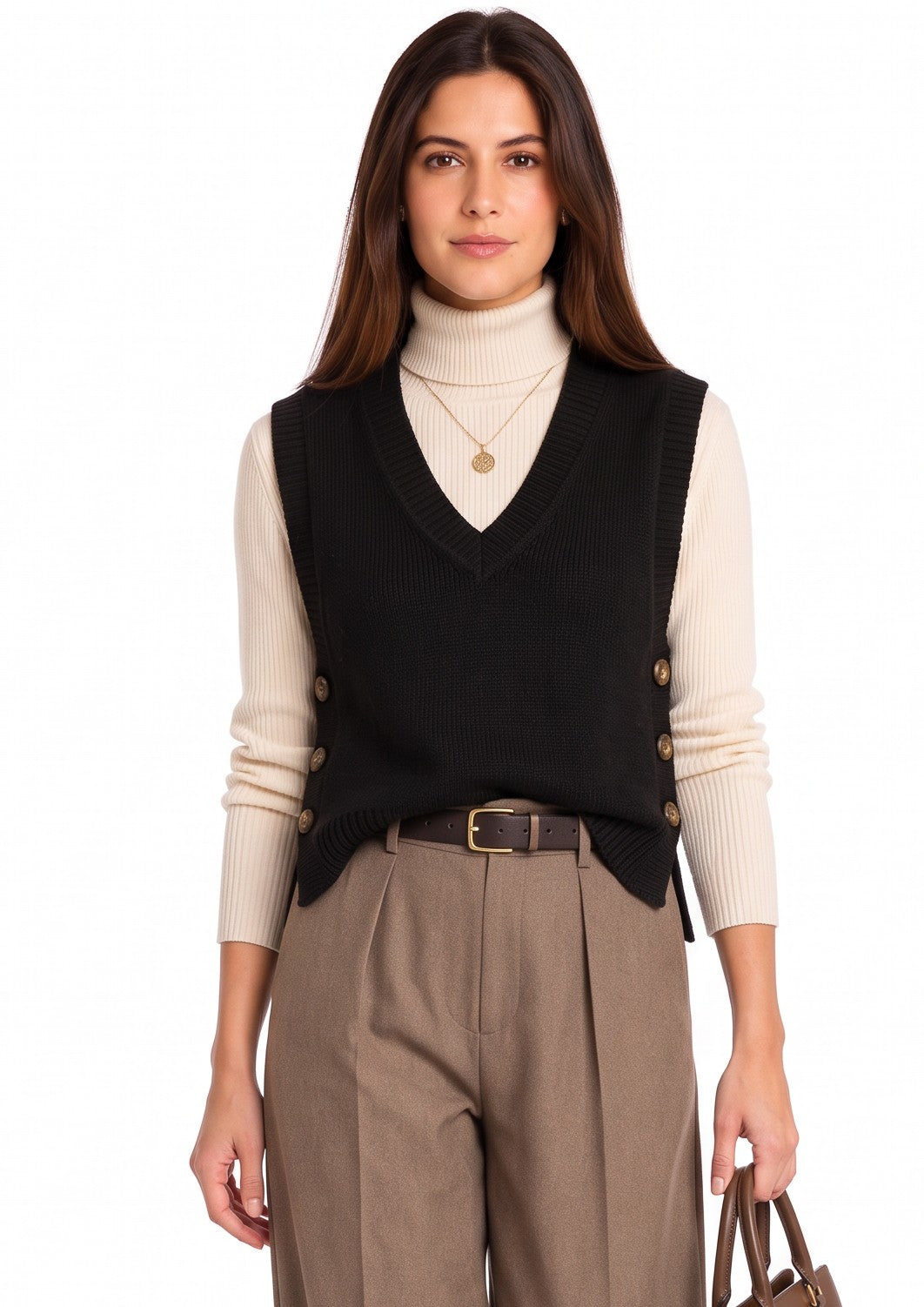 Pull sans manches col V boutonné – Noir – William de Faye