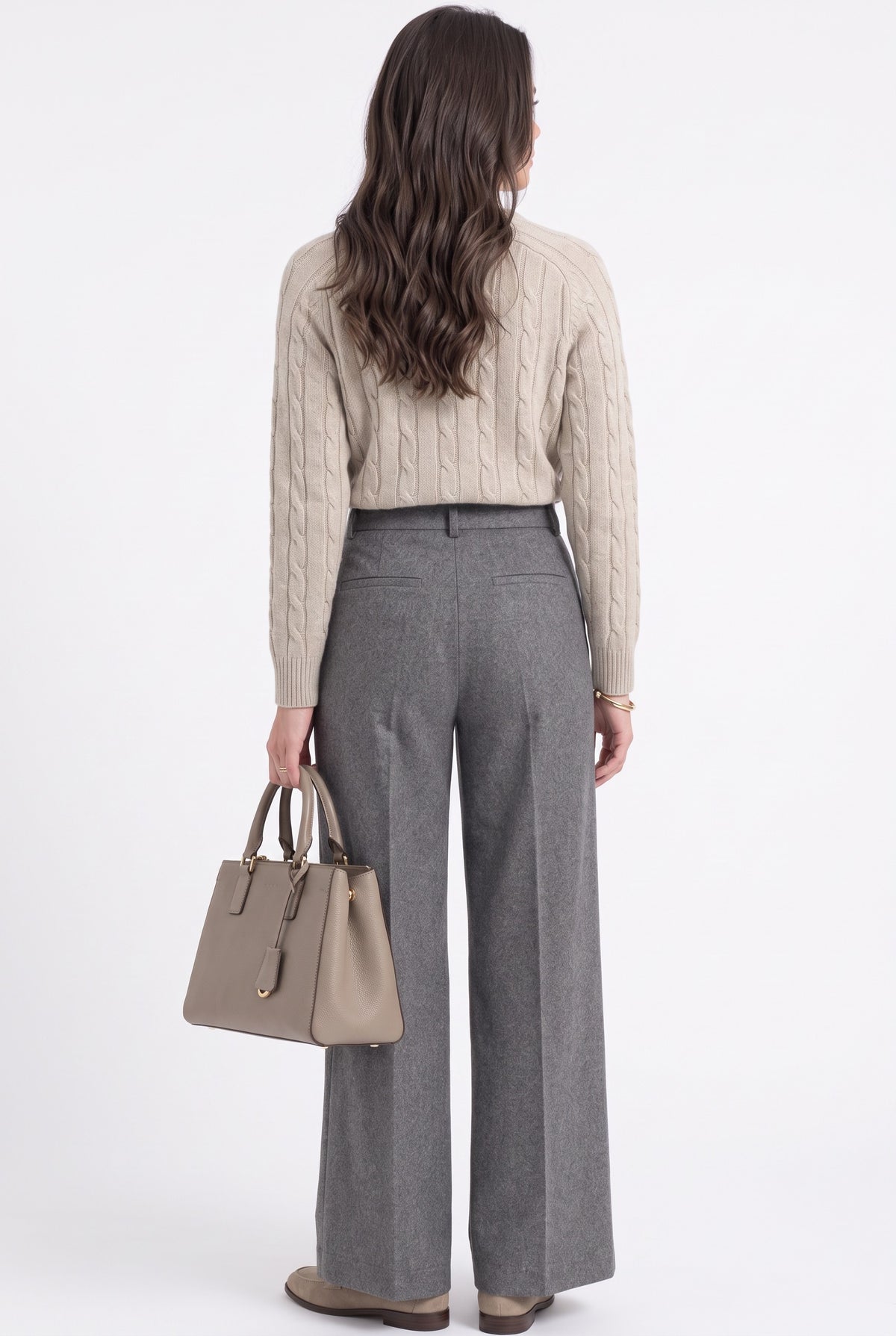 Cable knit crew neck sweater, long sleeves – Cream – William de Faye