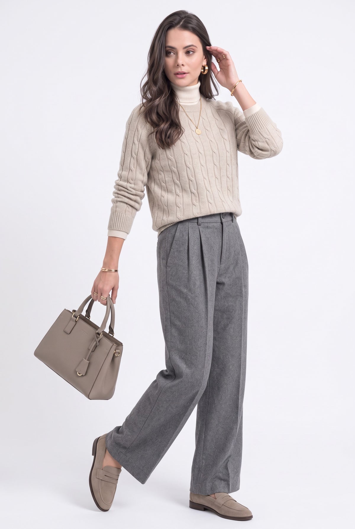 Cable knit crew neck sweater, long sleeves – Cream – William de Faye