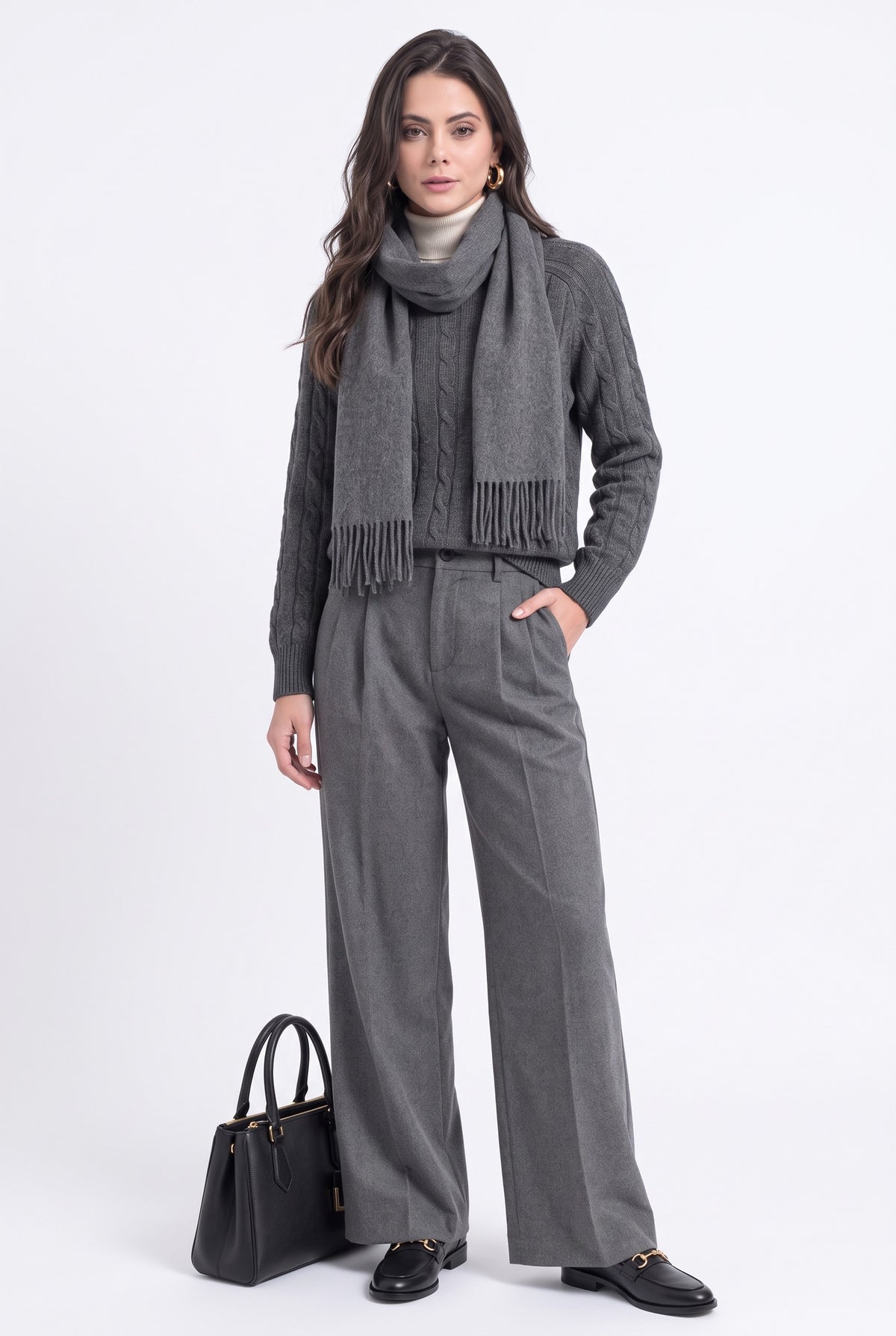 Cable knit crew neck sweater, long sleeves – Dark gray – William de Faye