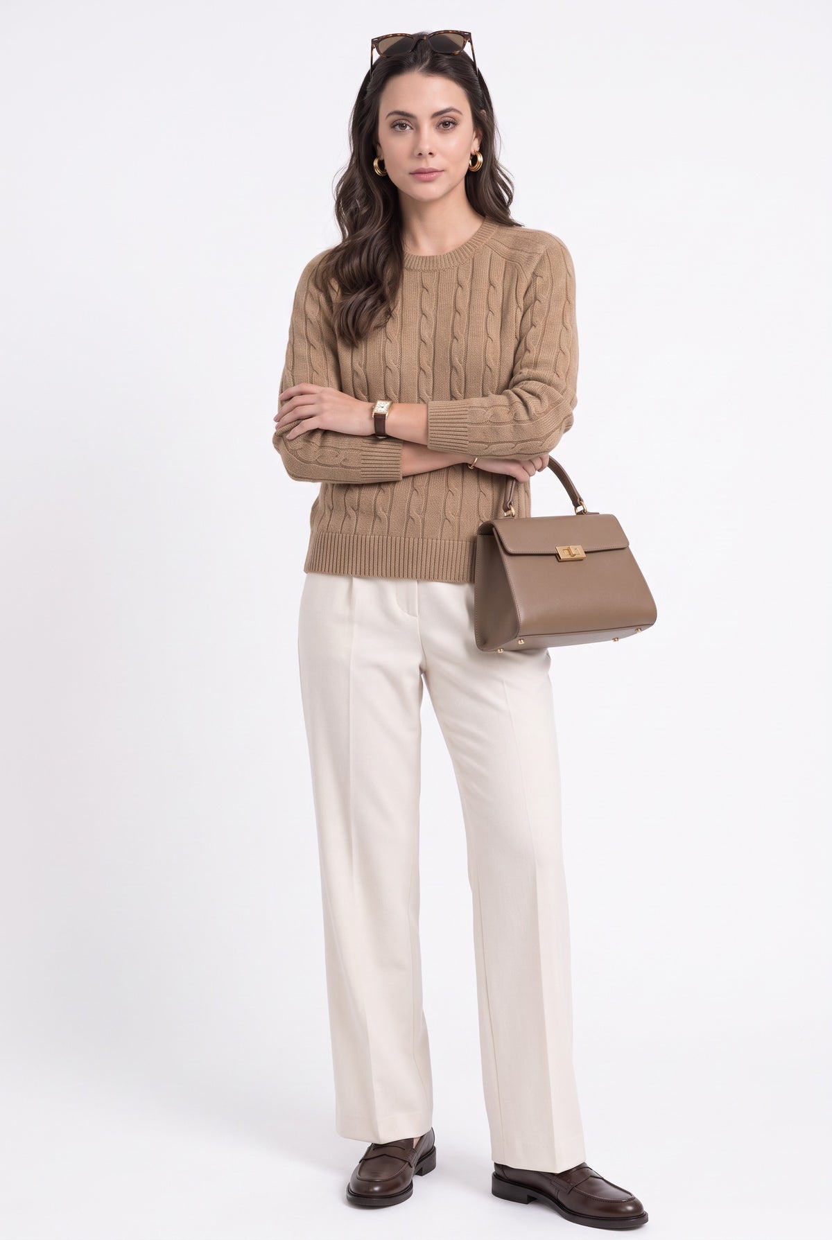 Cable knit crew neck sweater, long sleeves – Nougat – William de Faye