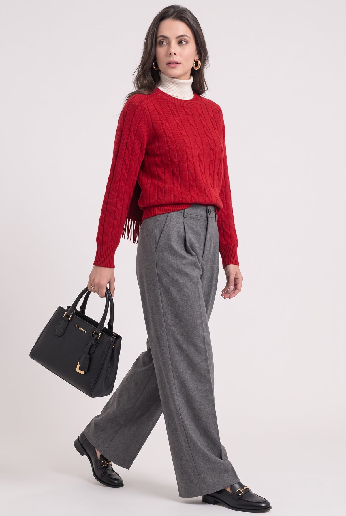 Cable knit crew neck sweater, long sleeves – Red – William de Faye