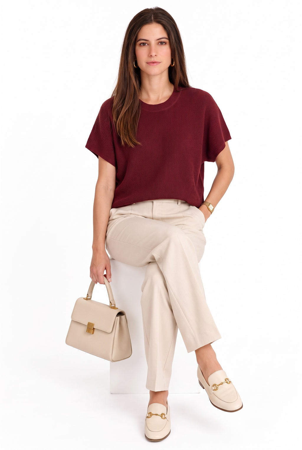 Crew neck sweater, batwing sleeves – Wine red – William de Faye