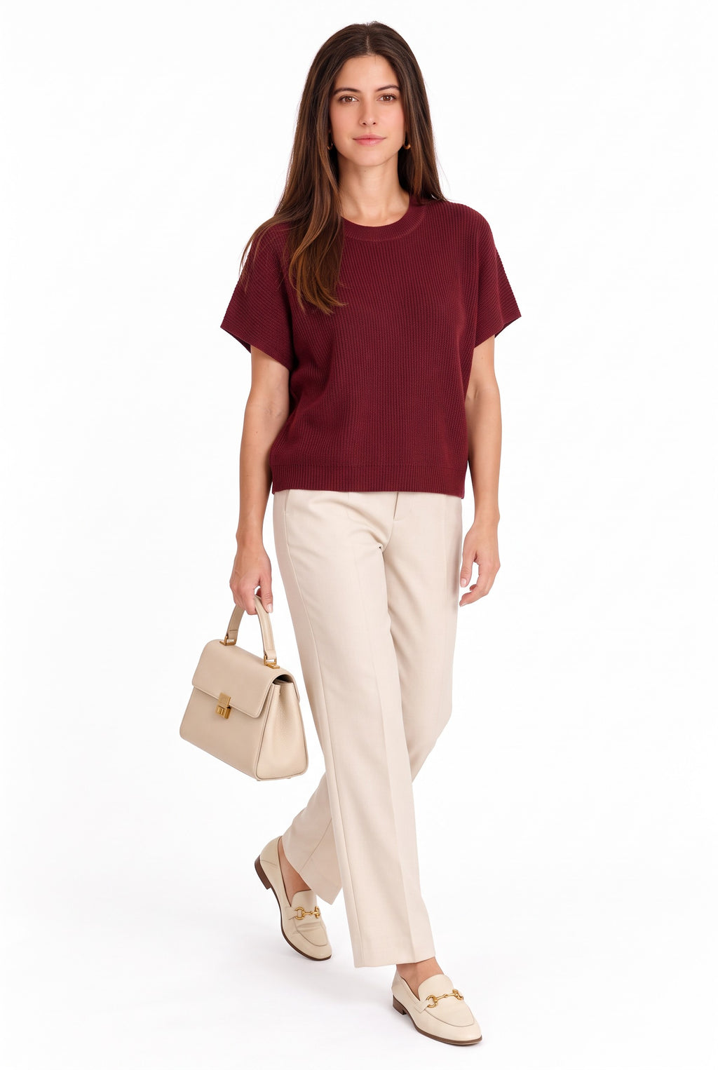 Crew neck sweater, batwing sleeves – Wine red – William de Faye