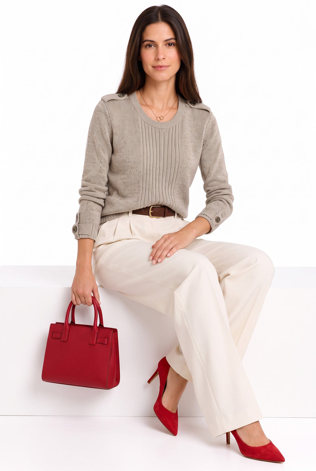 Ribbed crew neck sweater with shoulder buttons, long sleeves – Desert – William de Faye