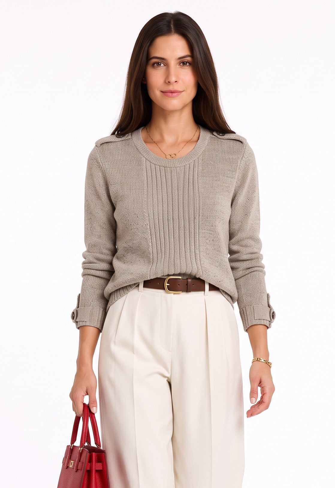 Pull col rond côtelé boutons épaule – Désert – William de Faye