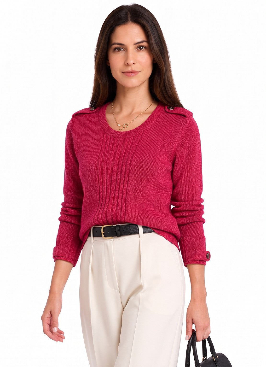 Pull col rond côtelé boutons épaule – Fuchsia – William de Faye