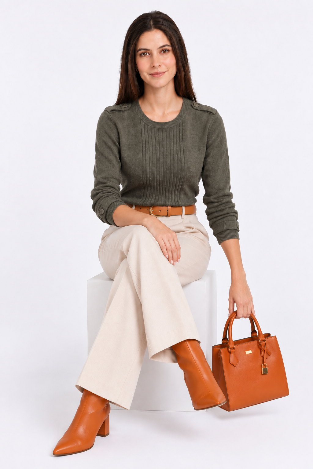 Pull col rond côtelé boutons épaule – Kaki – William de Faye