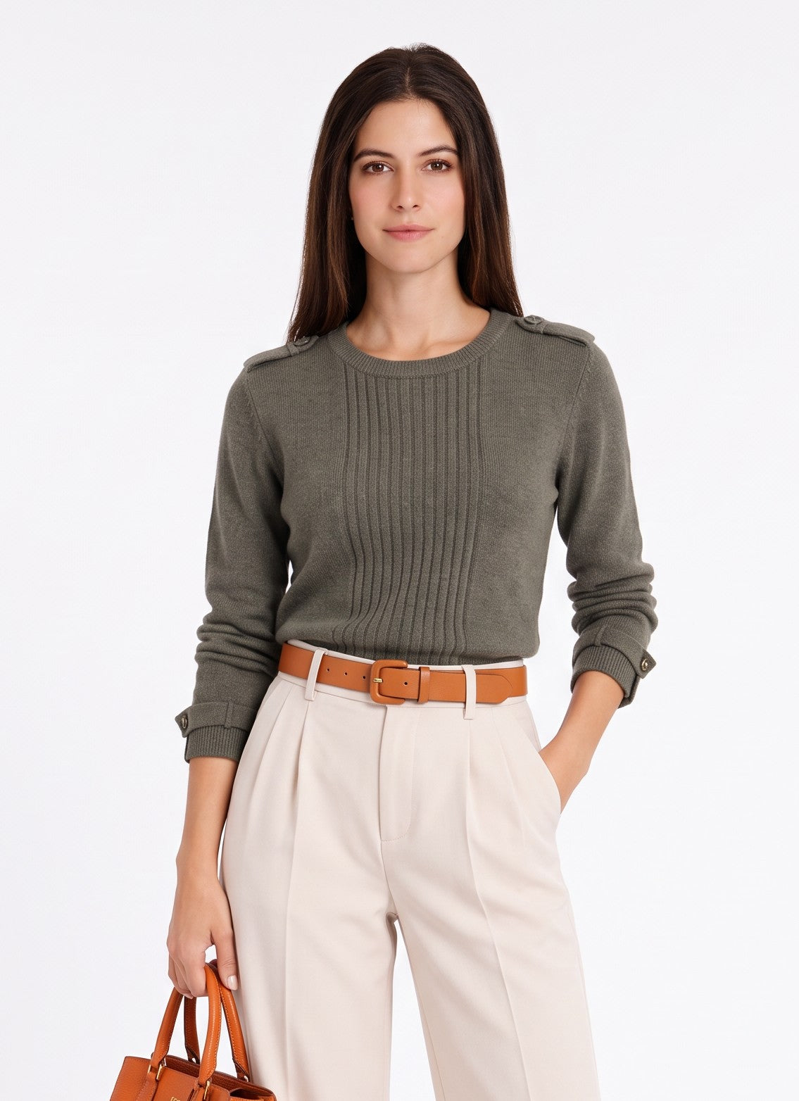 Pull col rond côtelé boutons épaule – Kaki – William de Faye