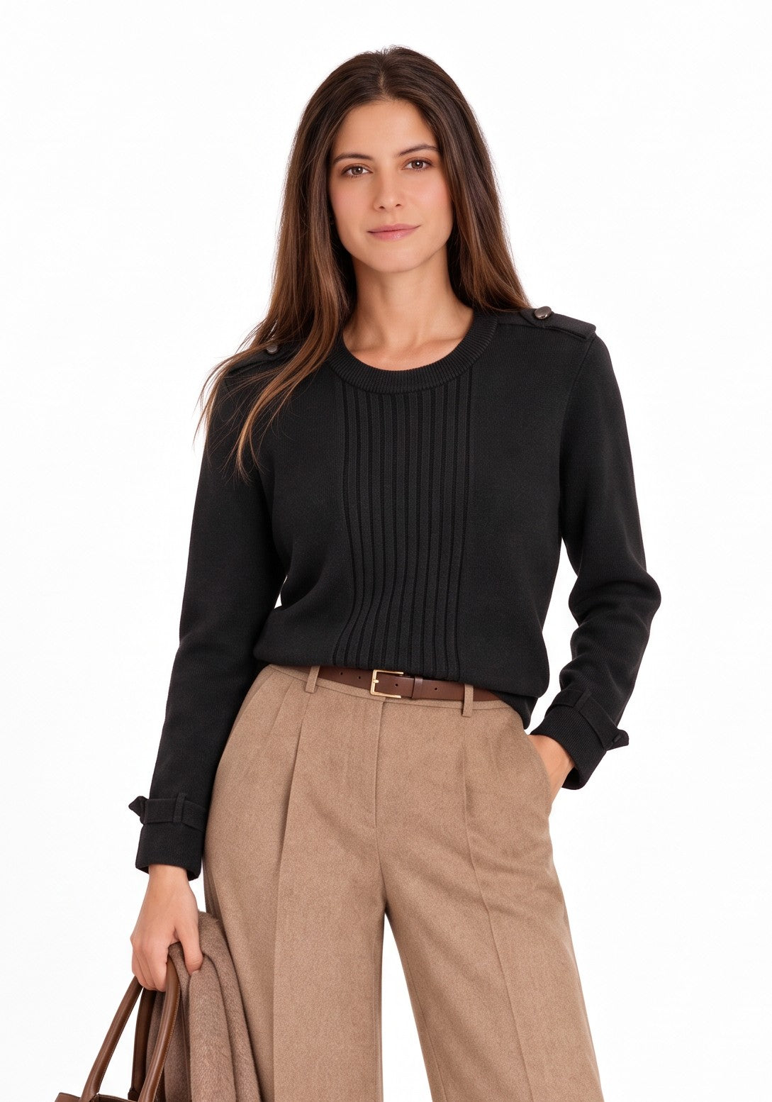Pull col rond côtelé boutons épaule – Noir – William de Faye