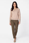 Oversized crew neck sweater with long, slightly balloon sleeves and buttoned cuffs – Camel – William de Faye