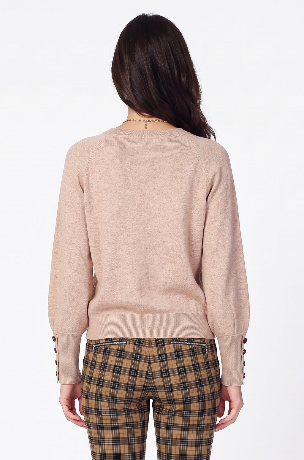 Oversized crew neck sweater with long, slightly balloon sleeves and buttoned cuffs – Camel – William de Faye