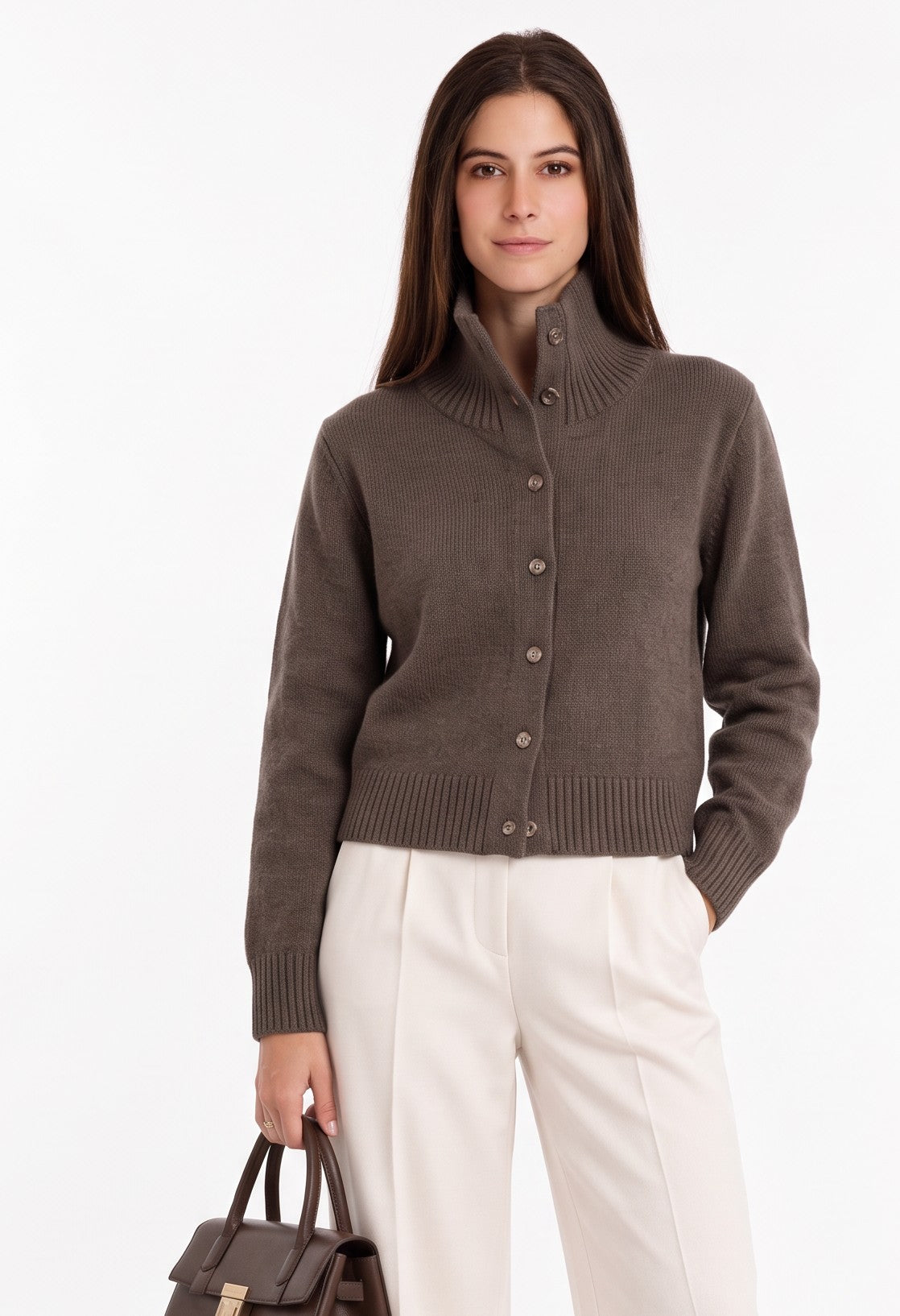 Gilet col montant boutonné oversize – Café – William de Faye