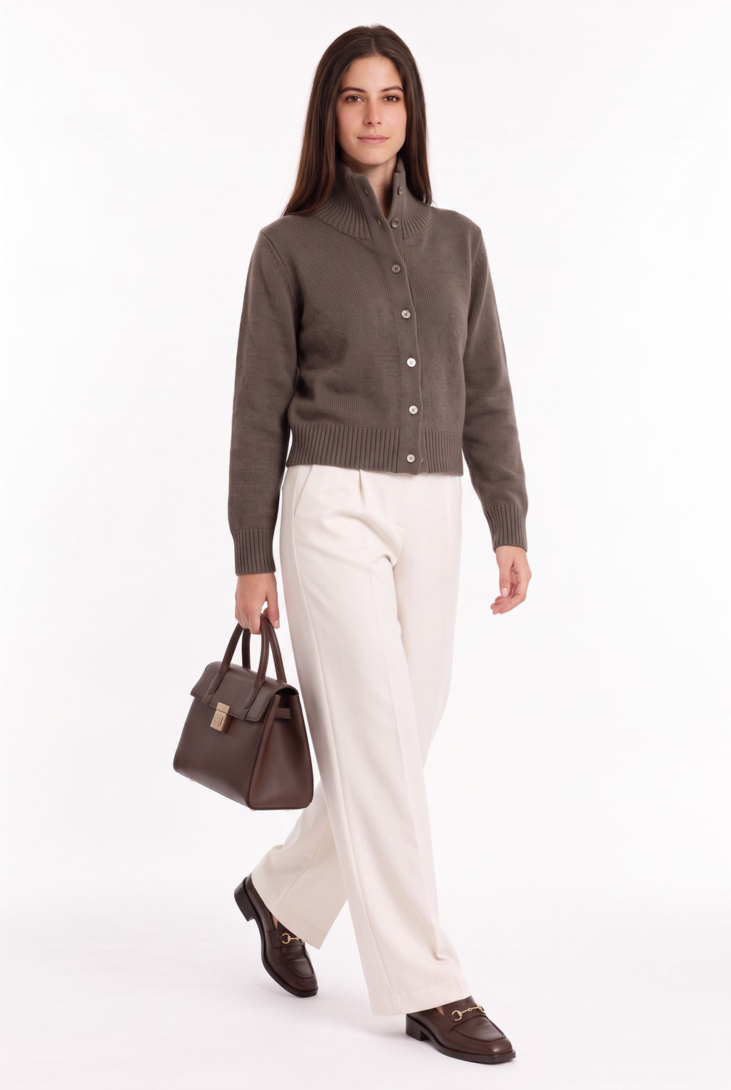 High-neck, buttoned, long-sleeved, oversized cardigan – Coffee – William de Faye