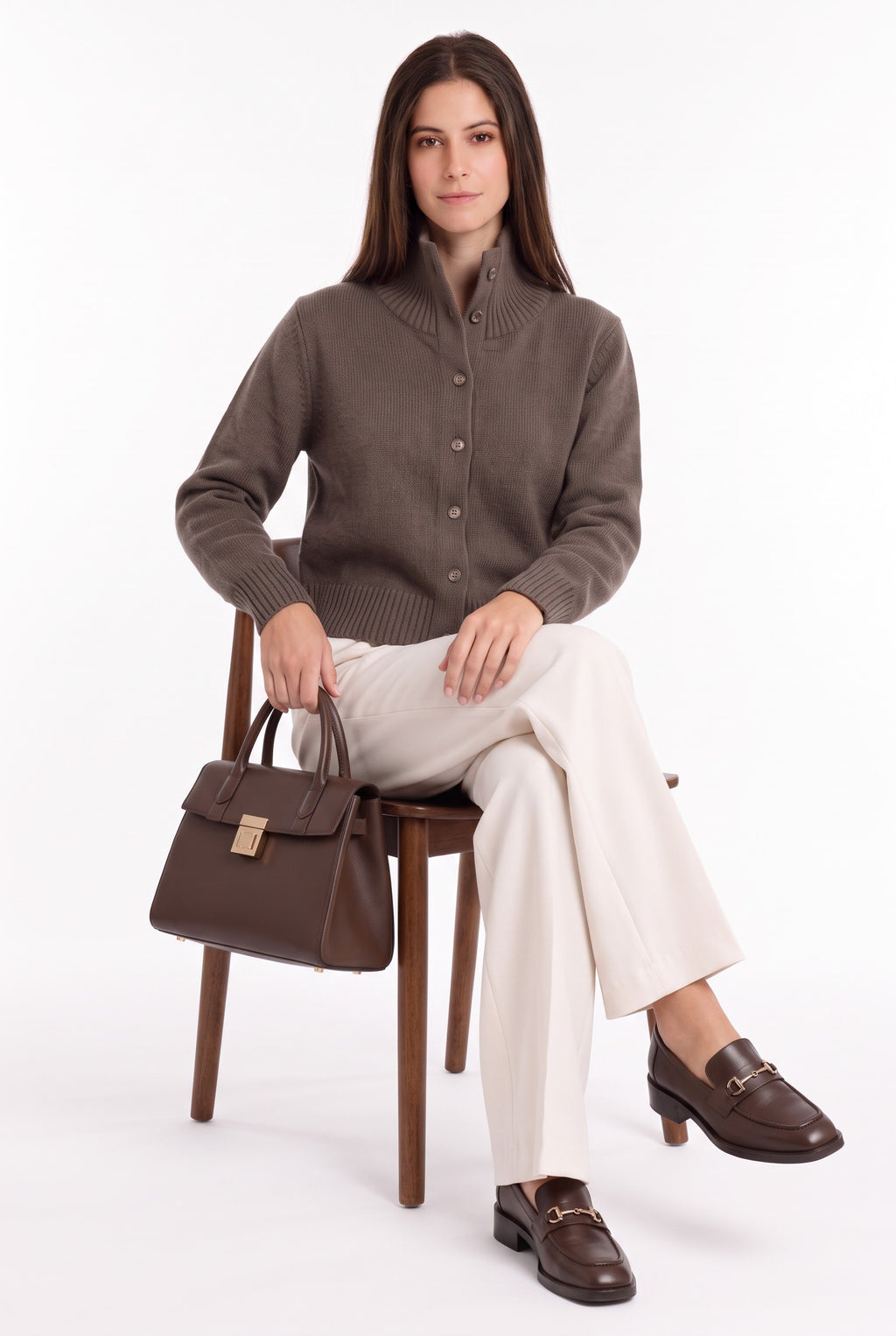 High-neck, buttoned, long-sleeved, oversized cardigan – Coffee – William de Faye