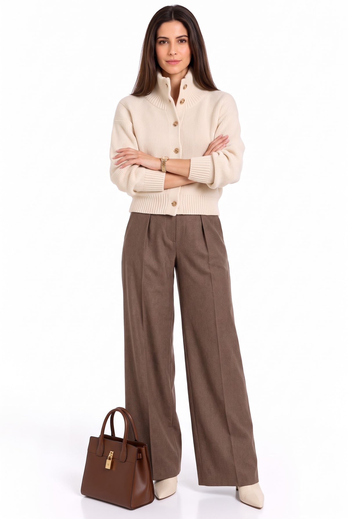 Gilet col montant boutonné oversize – Crème – William de Faye
