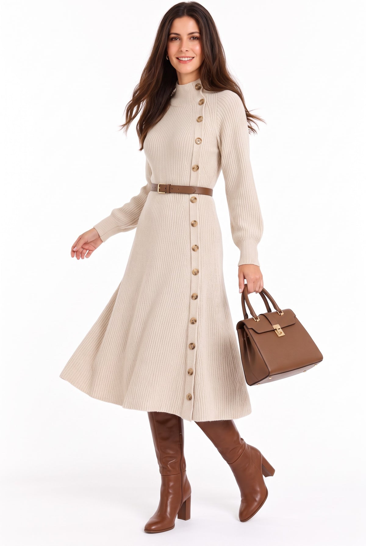 Robe ample côtelée col montant – Crème – William de Faye