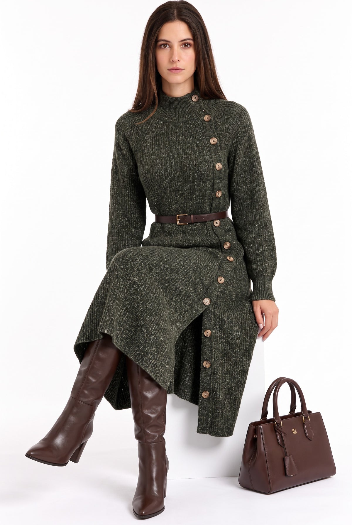 Robe ample côtelée col montant – Kaki – William de Faye
