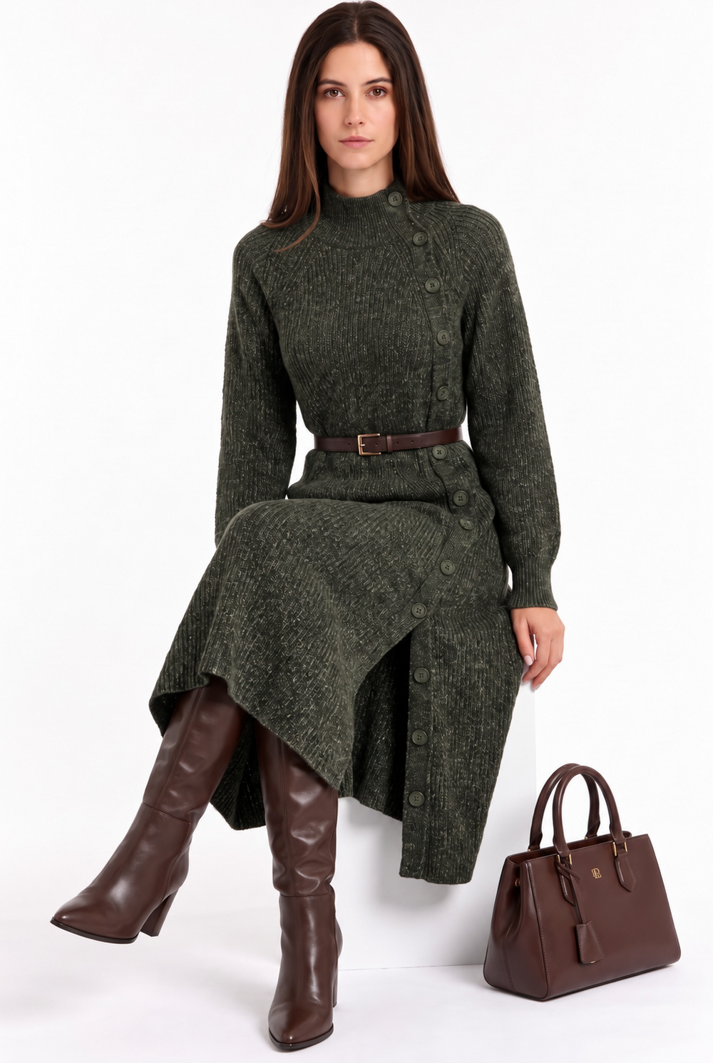 Loose-fitting ribbed dress, high neck, wide sleeves, side buttoning