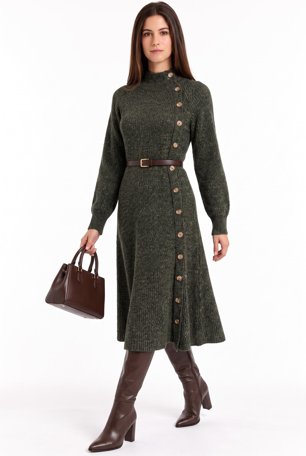 Robe ample côtelée col montant – Kaki – William de Faye