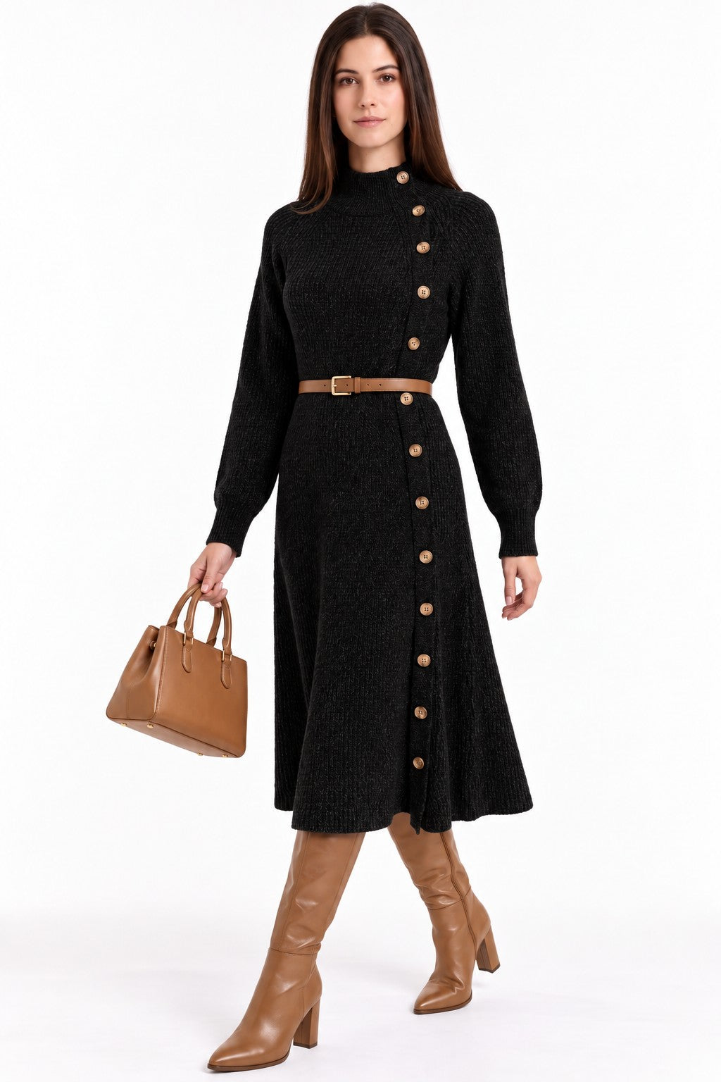Robe ample côtelée col montant – Noir – William de Faye