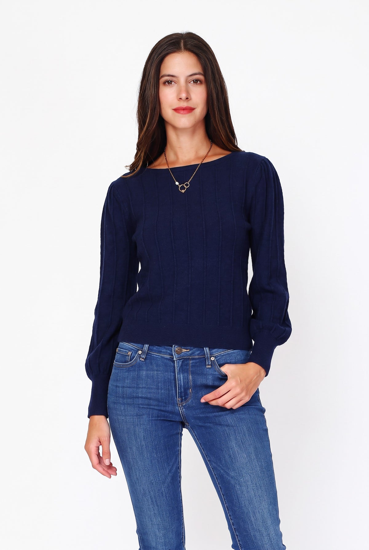 Pull col bateau manches ballon – Bleu nuit – William de Faye