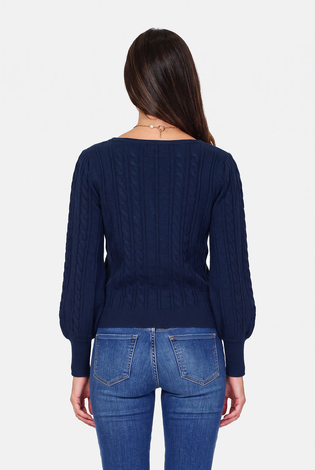 Fancy knit boat neck sweater with long balloon sleeves – Night blue – William de Faye